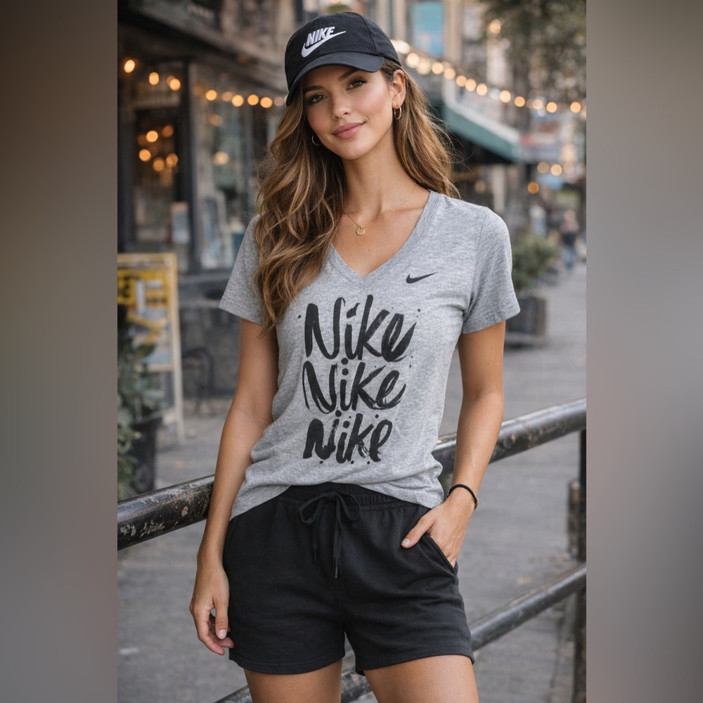 Nike Slim Fit V-Neck Tee Gray Black Script Logo Graphic Athleisure Size Medium